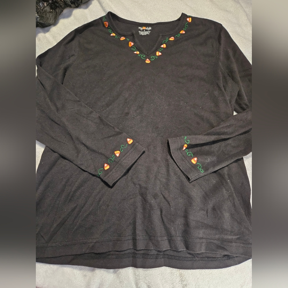 Black Long Sleeve Top with Candy Corn Embroidery